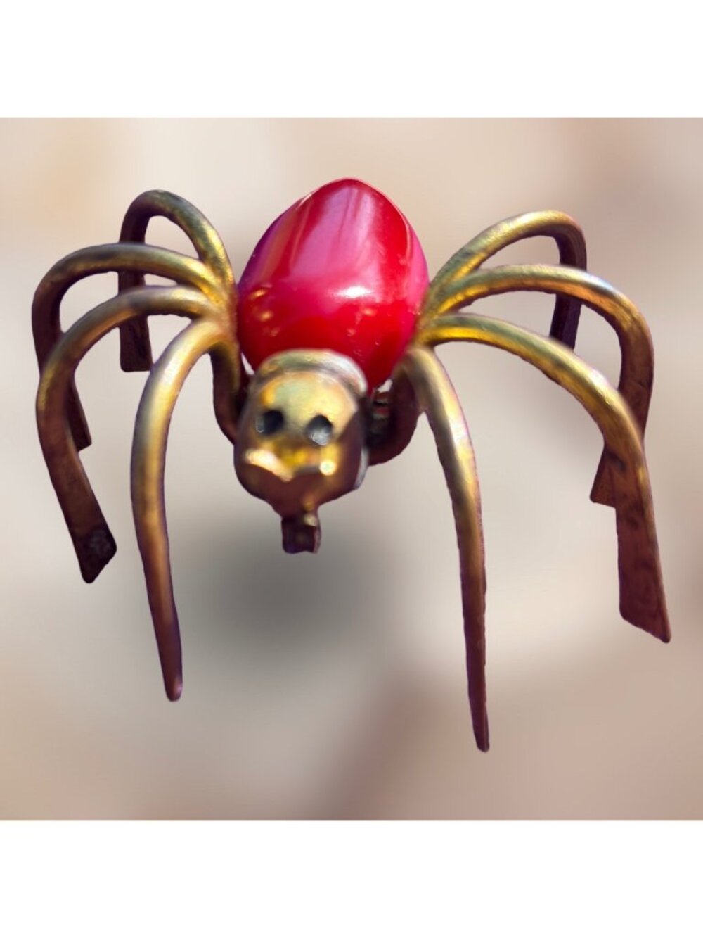 Brass Red Bakelite Glass Spider Brooch Articulated Legs Statement c.1930 Vintage